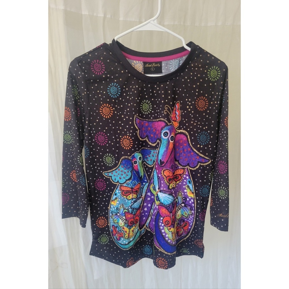 NWT Laurel Burch Top Canine Friends Shirt Y2K Black Tunic Dog Butterfly Sz Large